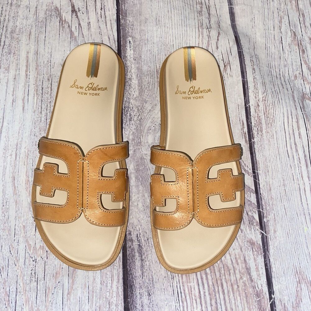 Sam Edelman Valeri Sandals Womens 7 Tan Leather Slide Cutout Logo Comfort